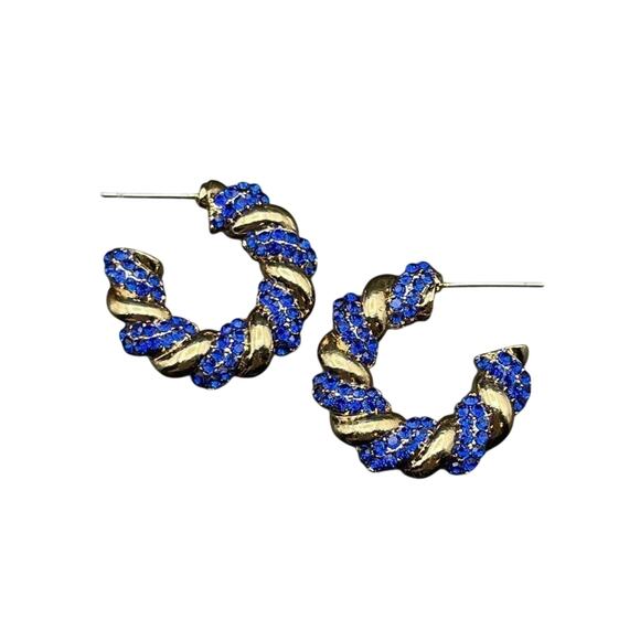 Yellow Gold with Blue Sapphire Crystal Twisted Rope Hoop Post Back Earrings - Picture 3 of 6